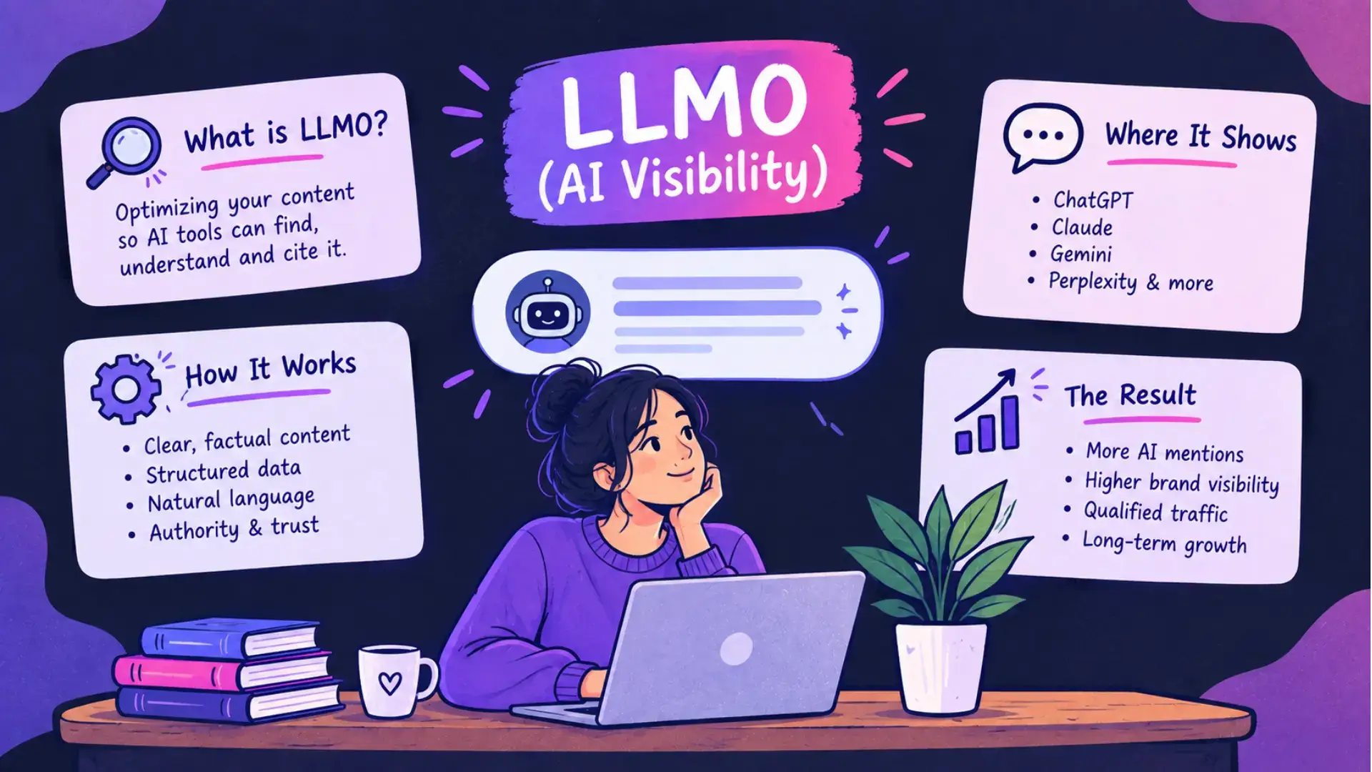 LLMO and AI visibility SEO guide illustration