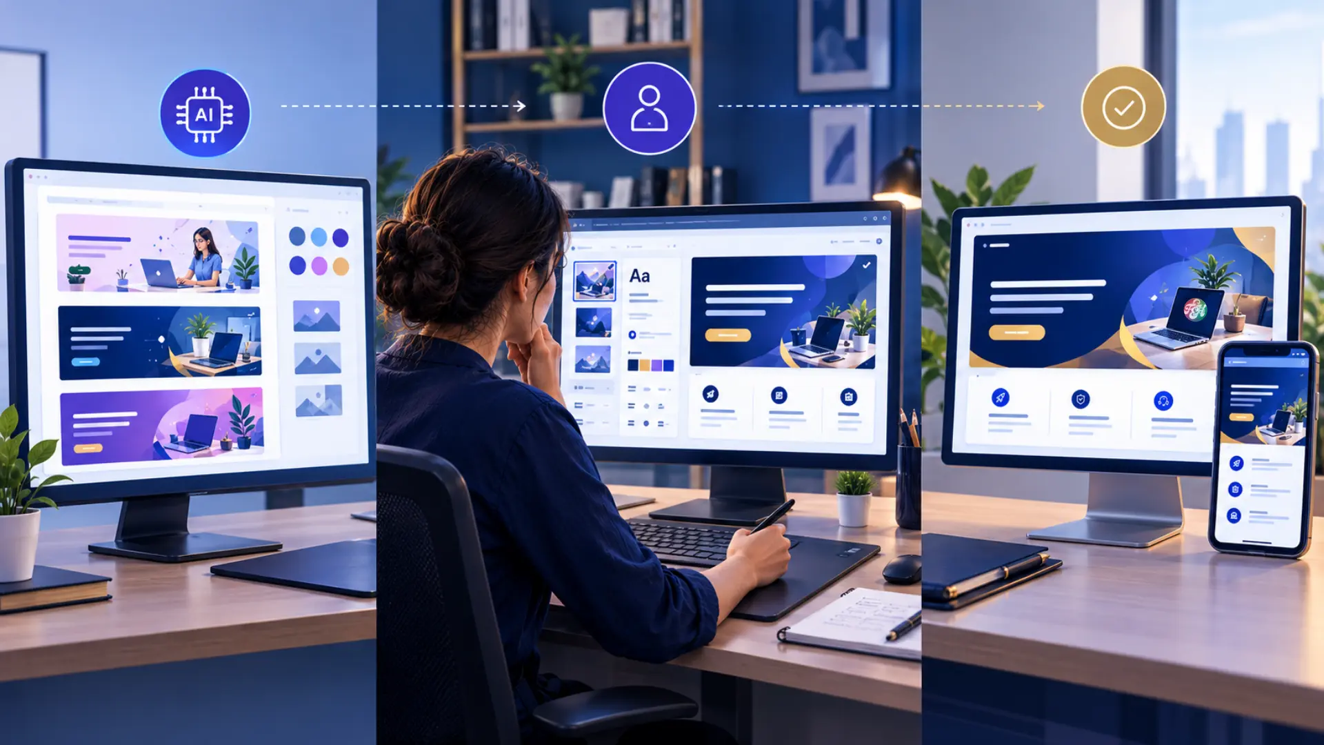 A designer reviewing an AI-generated concept and refining the final business graphic